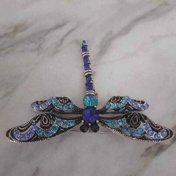 Silver Tone Blue Rhinestone Dragonfly Brooch Pin - Picture 2 of 6